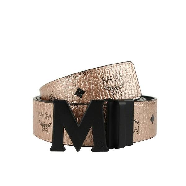 Shop Mcm Men S Champagne Gold Monogram Hook Reversible Belt