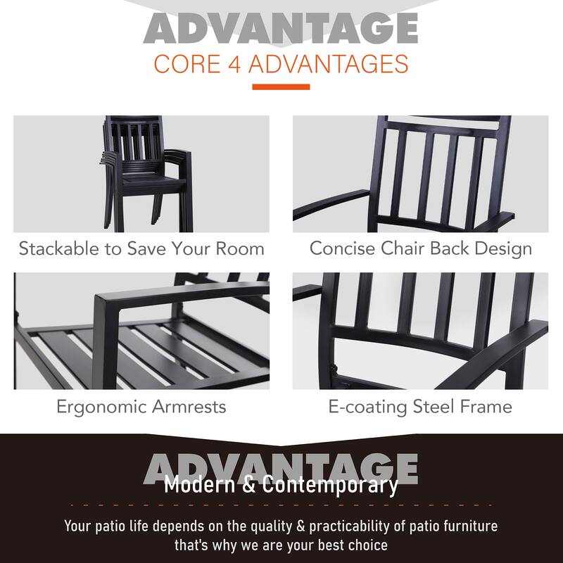 MAISON ARTS 6-Piece Patio Dining set with 1 Rectangle Steel Table, 2 Swivel Chairs, 2 Stackable Chairs and 1 Bench