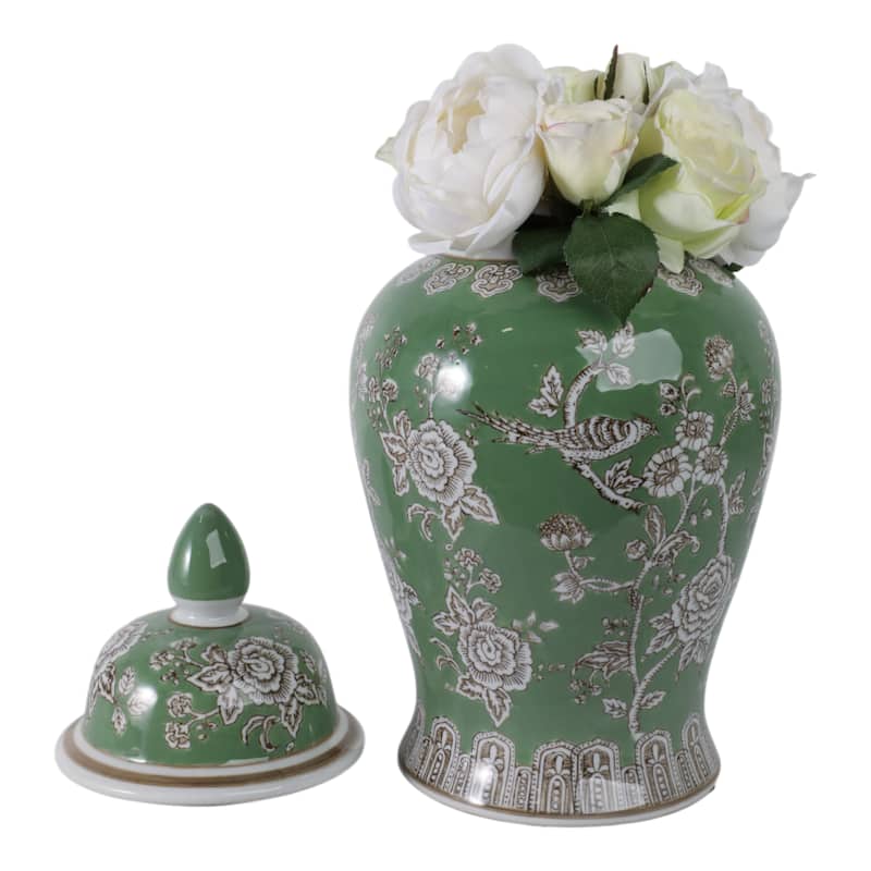 Ceramic Decorative Temple Jar Bird Flower with Lid for Home Decor