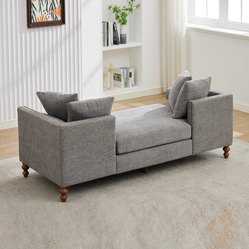 75.2"Wide Upholstered Chaise Lounge with Nailheads, Sleeper Sofa Couch With 4 Throw Pillows & 2 Bolsters, Rubberwood Legs