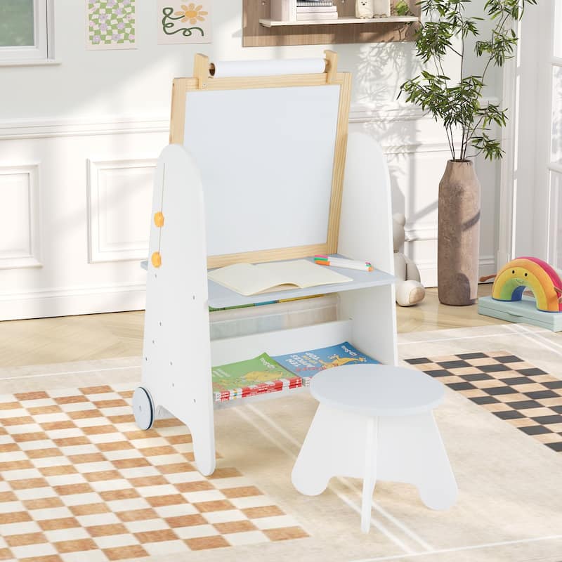 Kids 4 in 1 Art Easel and Desk with Stool Adjustable Height Whiteboard Chalkboard Paper Roll and Storage for Drawing