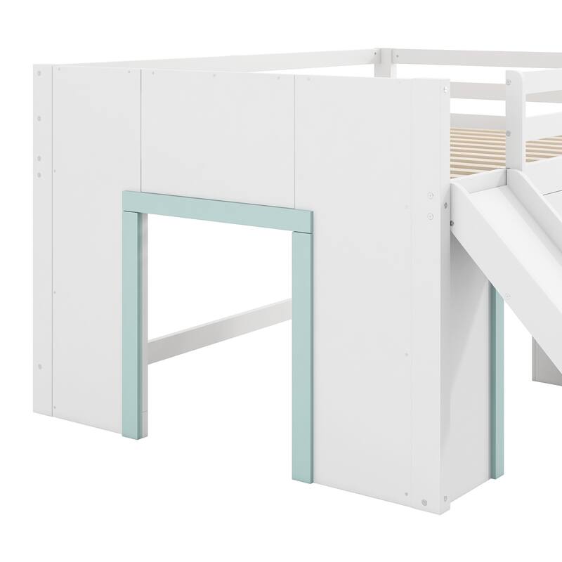 Full Size Low Loft Bed with Built-in Slide, Solid Wood Bed Frame with 3 Storage Drawers & 2 Doors for Kids Boys Girls Bedroom