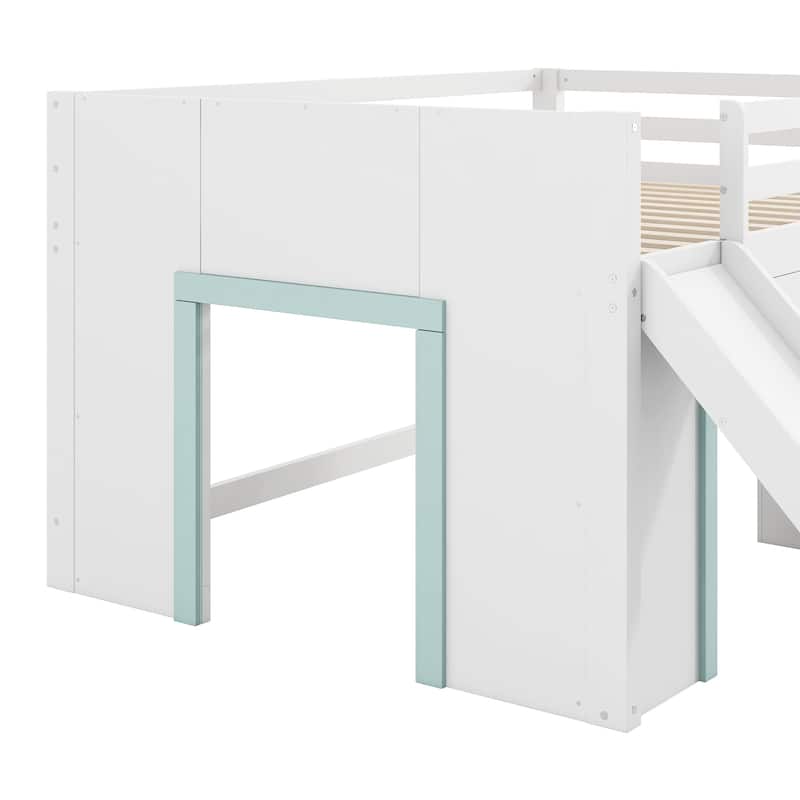 Full Size Low Loft Bed with Slide,Three Storage Drawers and 2 Doors, White