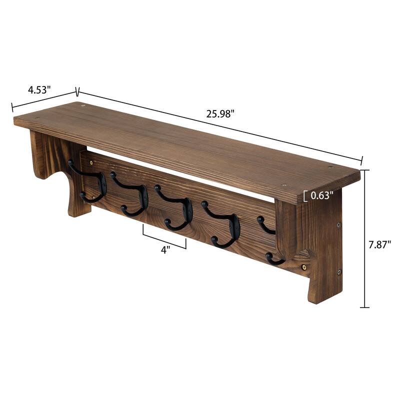 5/8 Metal Hooks Rustic Wall Mounted Coat Rack w/ Storage Shelf