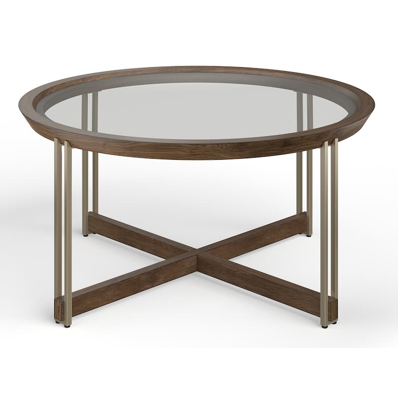 Magnussen Home Elora Walnut And Tarnished Silver and Clear Glass Round Cocktail Table - 36''W x 36''D x 18''H - 36''W x 36''D x 18''H