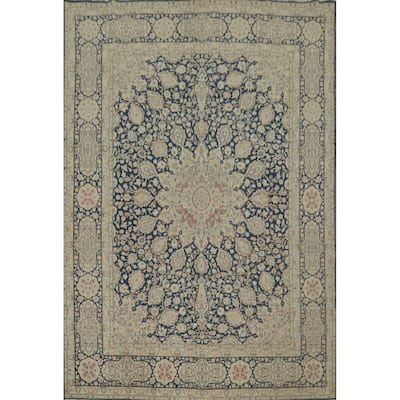 Hand Knotted Oriental 100% Wool Carpet Traditional Floral Navy Blue & Blues Kerman Area Rug - 13' 0'' X 9' 7''