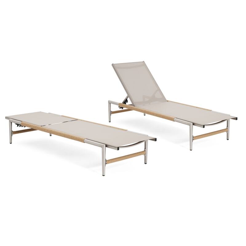2 Pcs Rust-resistant Reclining Chair with Adjustable Backrest, Ergonomic Mesh Lounge Chair with Rope-Wrapped Legs