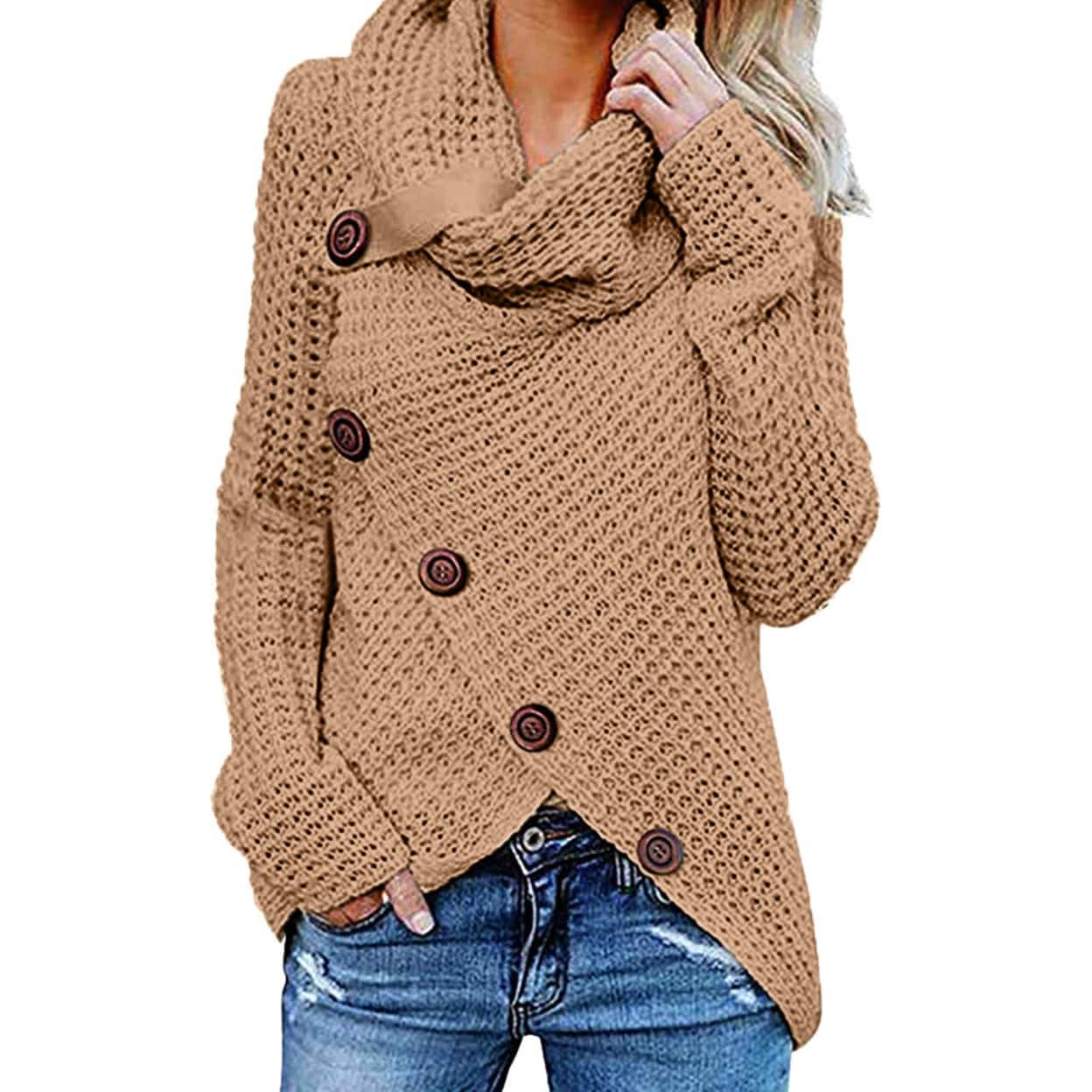Women's High Neck Irregular Five Button Sweater