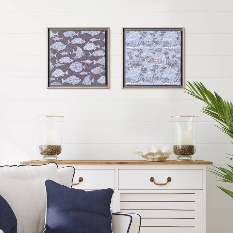 Kona Coast by Reyn Spooner Framed Floated Tropical Blue Fish Floated Printed Linen Wall Art Set of 2