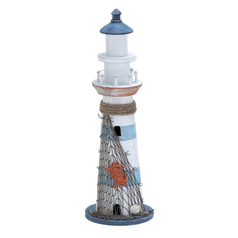 Wood Light House Decorative Sculpture with Netting - Blue - Roche River Decor - Blue - 6"W, 16"H