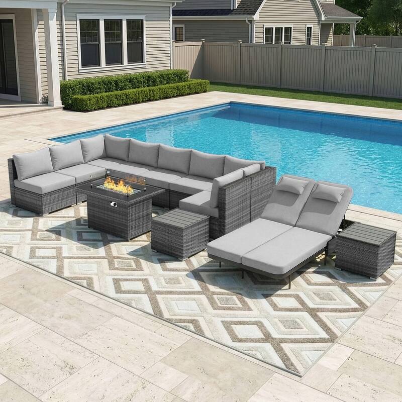 Outdoor Sectional Conversation Set PE Wicker with Double Chaise Lounge, 60,000 BTU Fire Pit Table - 12-Piece/Table-A - Light Gray