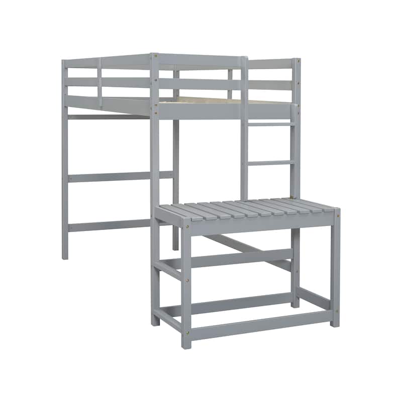 Gray Twin Size Pine Wood High Loft Bed with Ladder