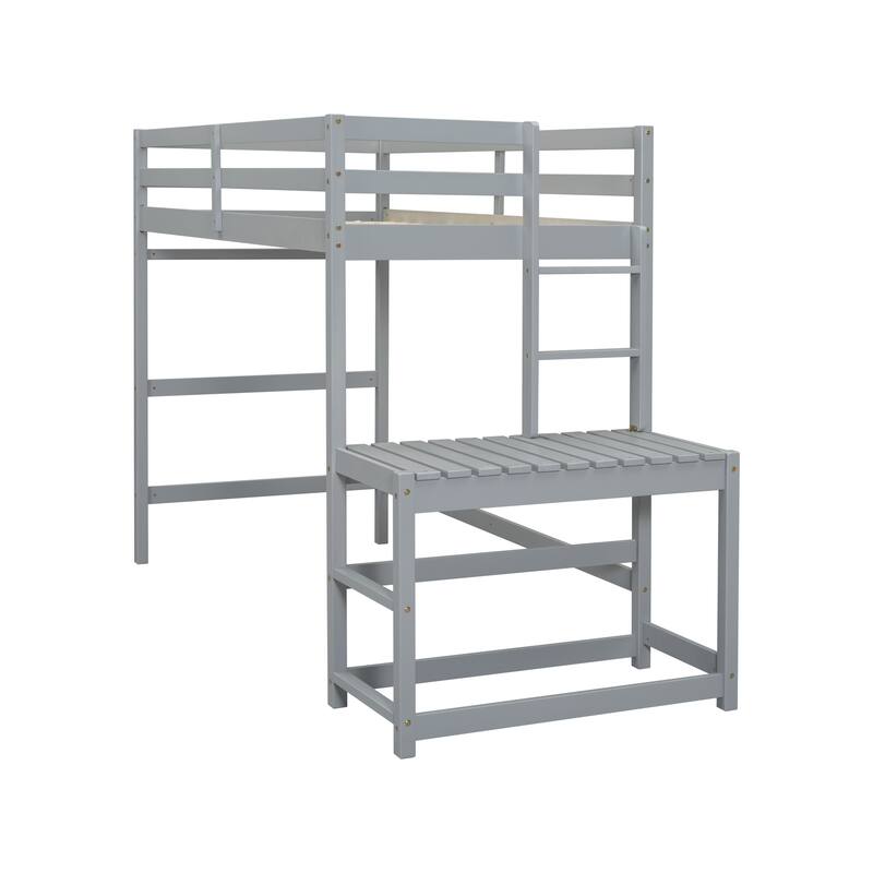 Grey Twin High Loft Bed with Ladder Landing Platform, Guardrails and Ample Underbed Space