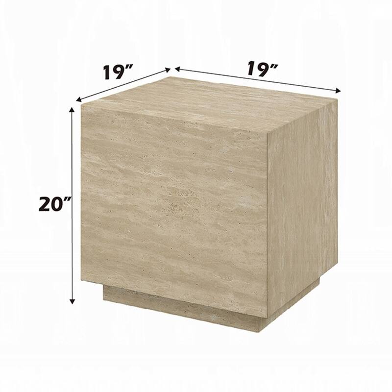 Lory Side End Table, 19 Inch Square Travertine Top, Natural Wood Beige