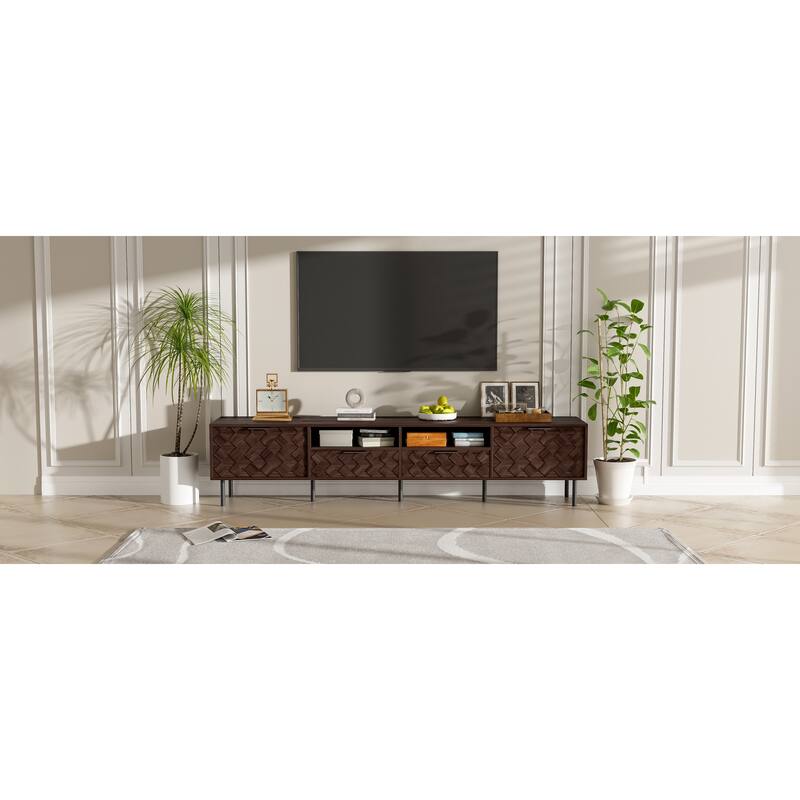 Roomfitters 78 Inch Modern TV Stand for TVs up to 85 Inch, Media Console with Soft-Closing Hinges & Sturdy Iron Legs, Walnut