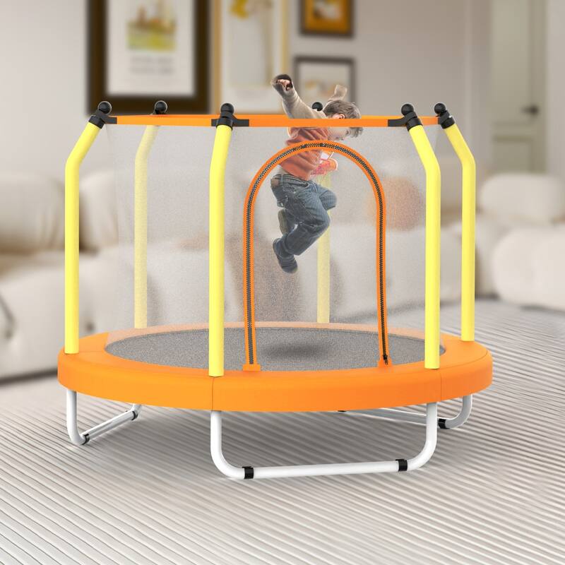 55-Inch Kids Indoor & Outdoor Toddler Trampoline with Basketball Hoop, Safety Net Included - 4.5FT - Yellow