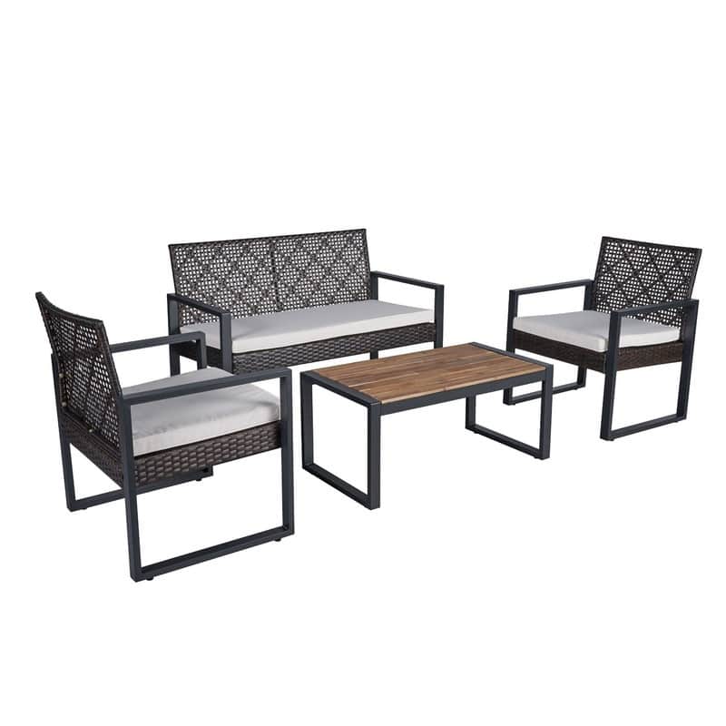 4-Piece Patio Furniture Set Outdoor Balcony Porch Garden Backyard Lawn Furniture Acacia Wood Table Top