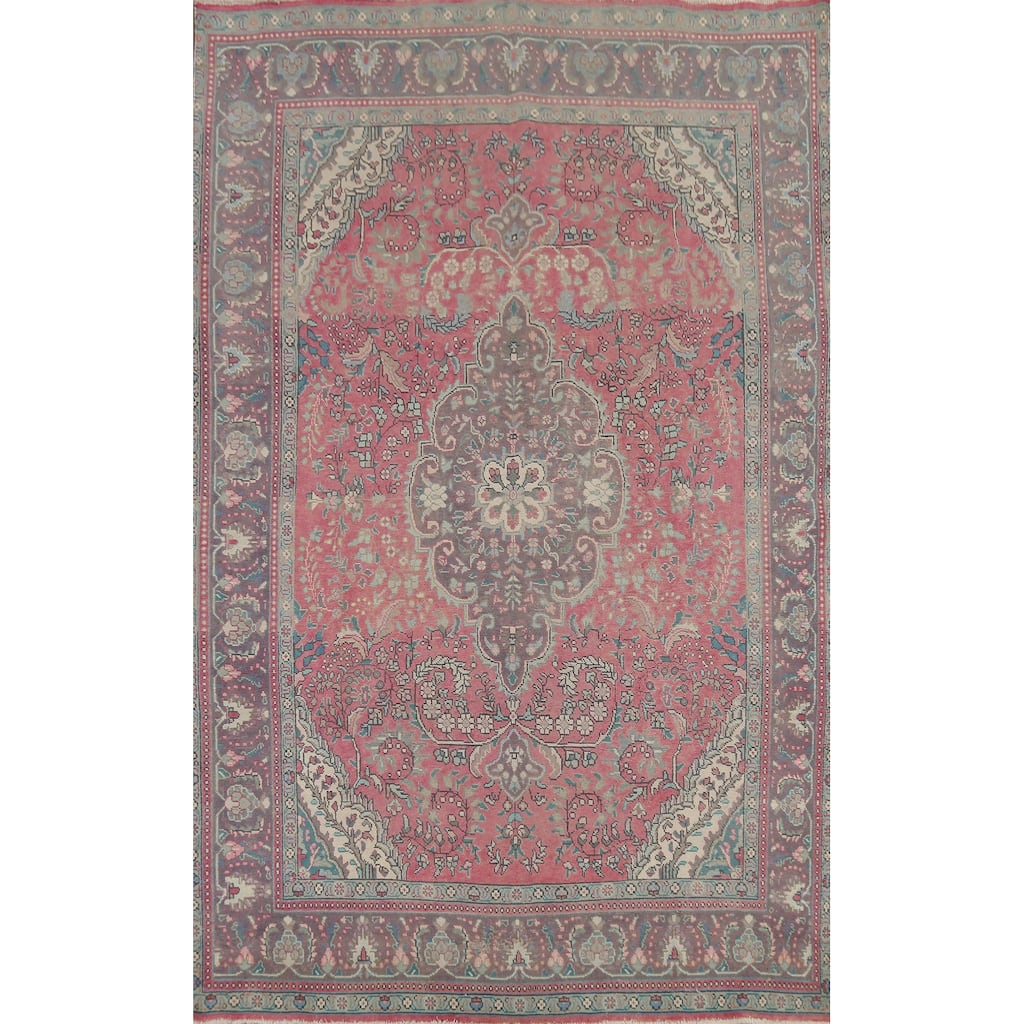 Pink Tabriz Persian Vintage Rug Hand-Knotted Living Room Wool Carpet - 6'8"x 10'6"