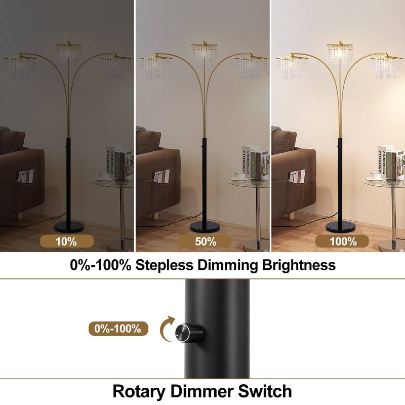 Brio 90" 3-Light Modern Gold Crystal Arc Floor Lamp - 85