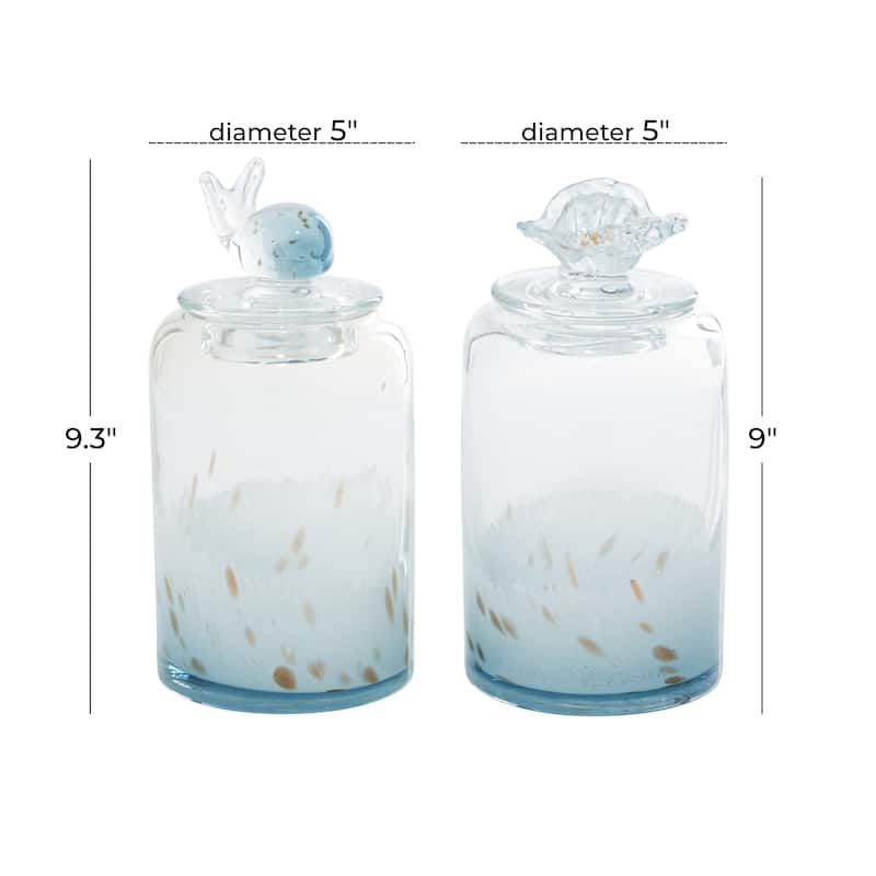 Glass Shell Handmade Decorative Jars with Whale and Seashell Tops - Set of 2 Blue - Roche River Decor - 5"W x 5"L x 9"H