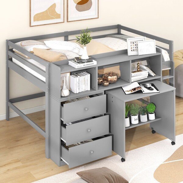 Full Size Low Loft Bed with Rolling Portable Desk Drawers and