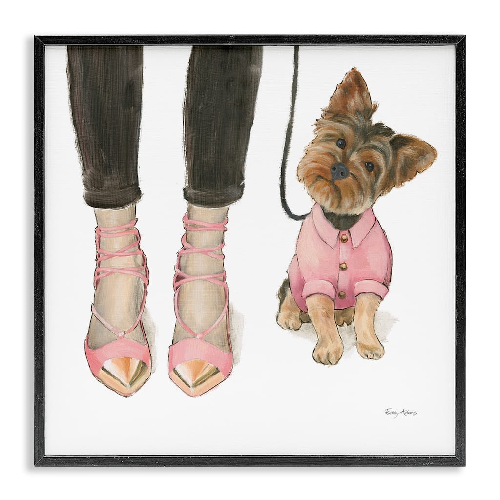 Stupell Glam Dog Walk Heels Fashion Pink Gold Design Framed Wall Art