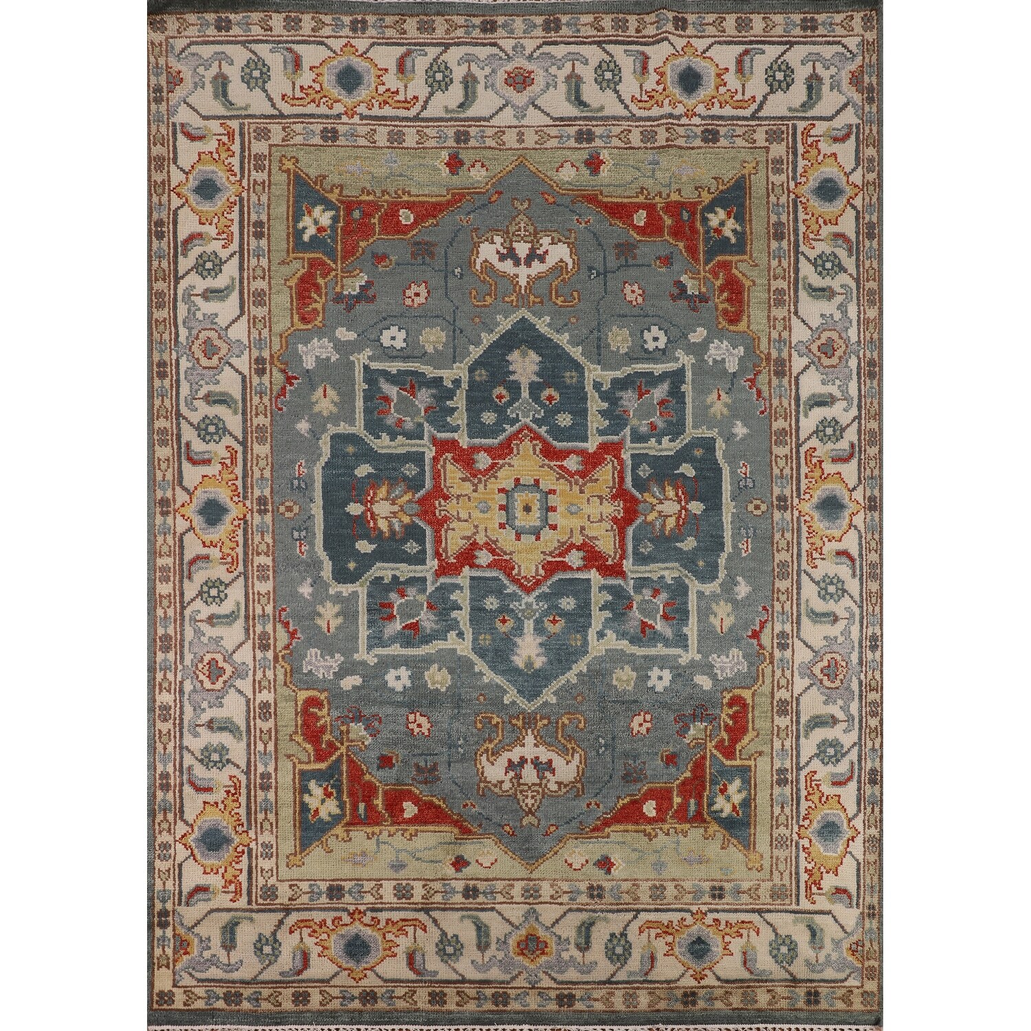 Heriz Serapi Indian Area Rug Hand-Knotted Blue Wool Carpet - 7'10"x 9'11"