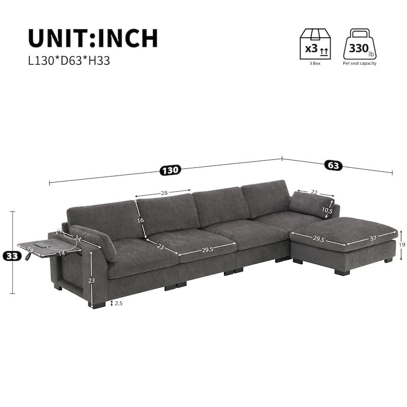 L-Shape Sectional Sofa with Folding Table, Dual-Port Charging, Side Pockets, 2 Pillows, Movable Ottoman, Chenille Modular Sofa