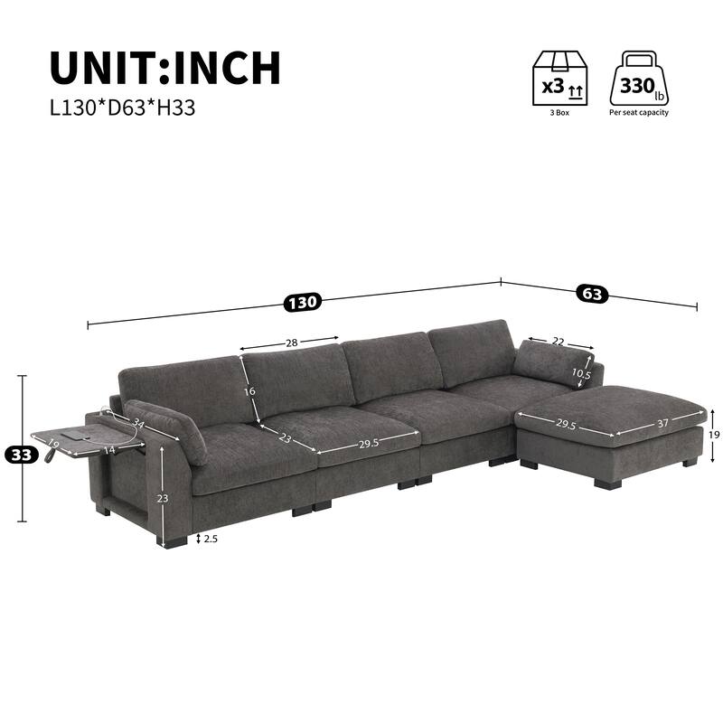 Modular L-Shaped Sectional Sofa with Foldable Table, Dual USB Charging, Side Storage Pockets and Movable Ottoman