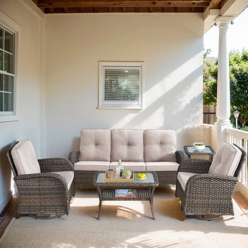 Pocassy Patio Outdoor Sofa Swivel Chairs with Ottman Table Set - Brown Wicker Beige Cushion - 5-Piece Sofa Swivel Chiar with Table