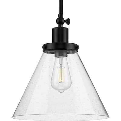 Hinton Collection 1-Light Seeded Glass Matte Black Pendant Light - 12 in x 12 in x 12.5 in