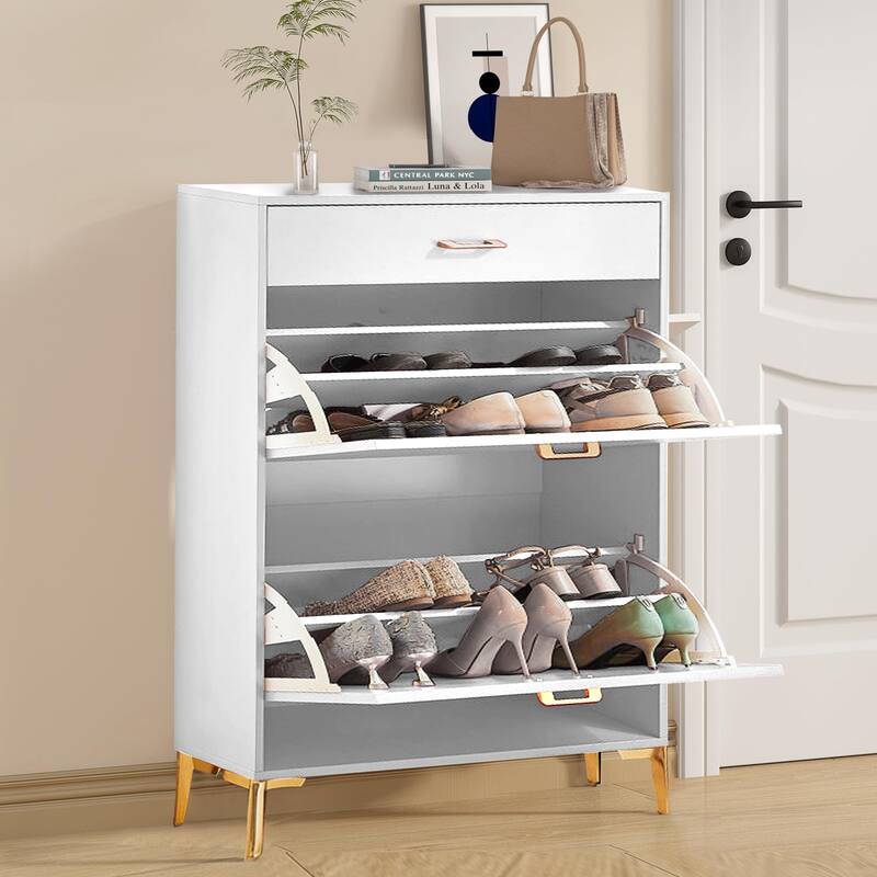 Freestanding Shoe Cabinet for Entryway, with 2 Flip Doors and Drawer - 32'W x 10''D x 43''H
