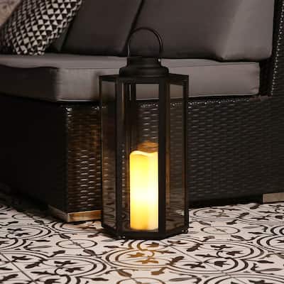 Alpine Corporation 18" Tall Outdoor Hexagonal Battery-Operated Metal Lantern with LED Lights, Black