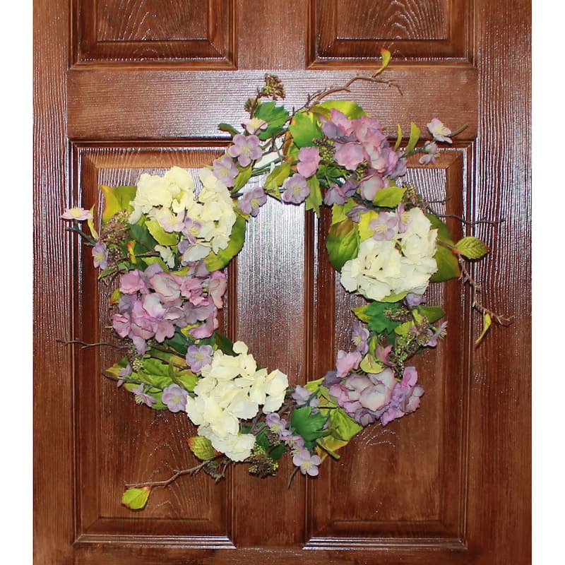 24" Purple and White Artificial Hydrangea Flower and Seed Wreath - 24