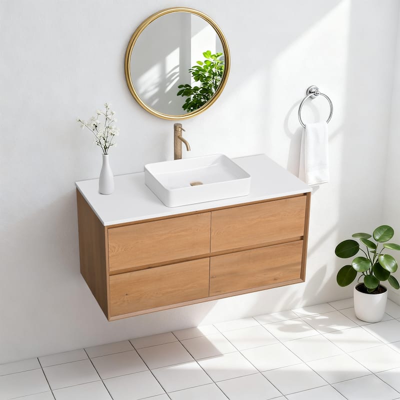 Sylphar 48 inch Toffee Oak Floating Bathroom Vanity with White Quartz Top