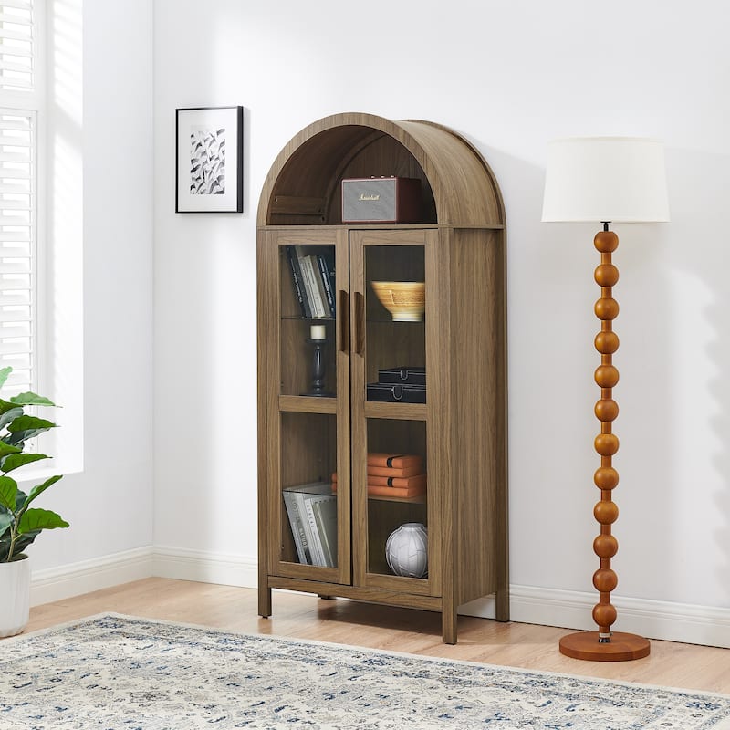 67" Arched Storage Cabinet with Glass Doors, Curio Display Cabinet with LED Strips, Adjustable Shelves, 4-Tier Wood Bookcase