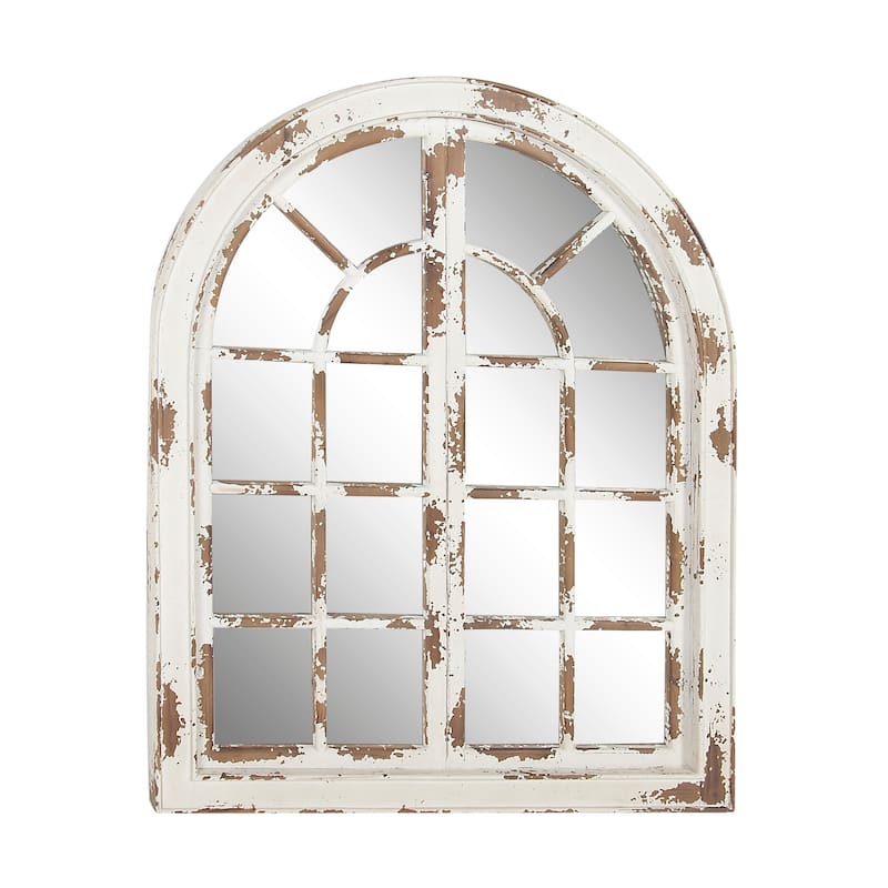 Gray Wood Window Pane Inspired Room Wall Mirror with Arched Top and Distressing