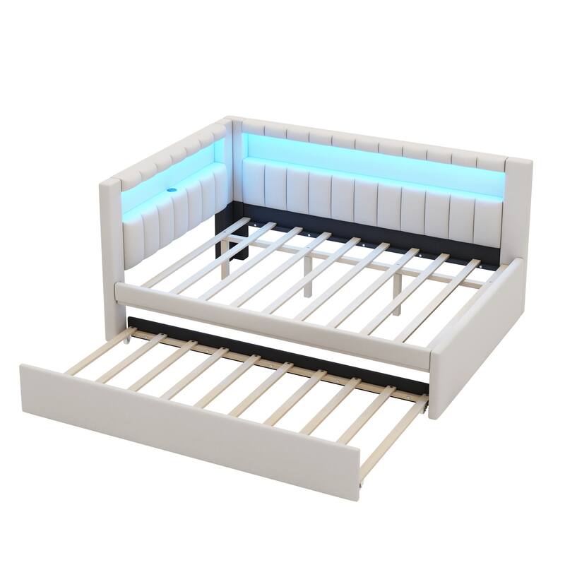 Roomfitters Full Size Upholstered Platform Bed with USB Ports, LED Light Belt and Twin Trundle, Modern Sleeper Bed, White