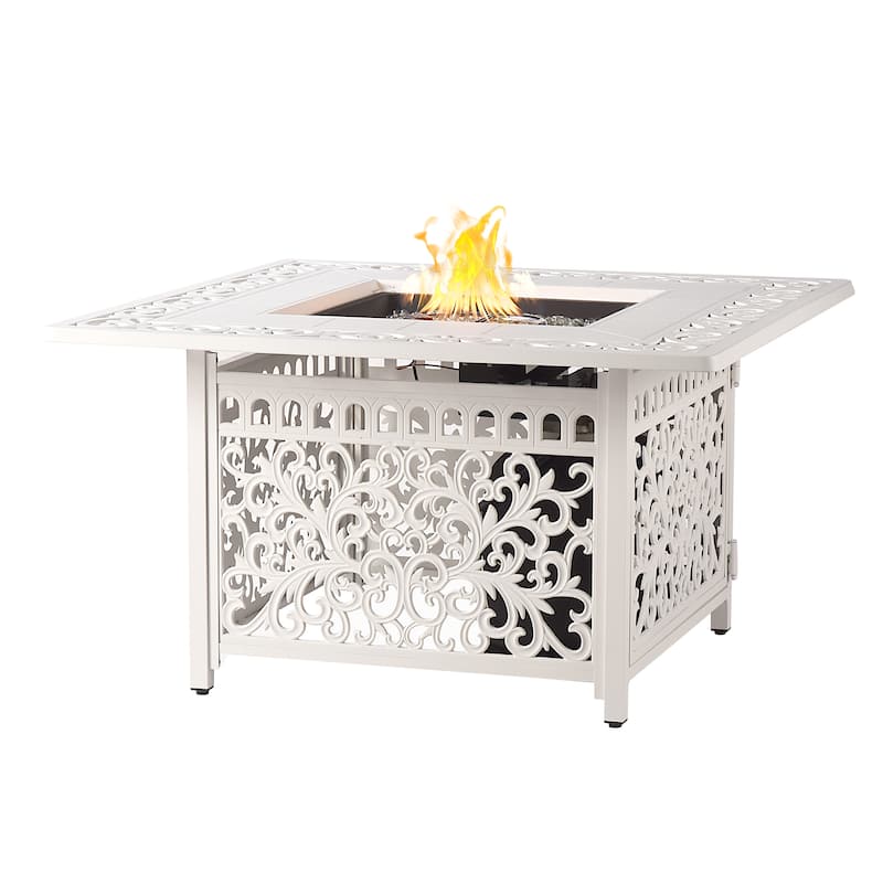 Square 42 in. x 42 in. Aluminum Propane Fire Pit Table with Glass Beads, Two Covers, Lid, 57,000 BTUs - N/A - White