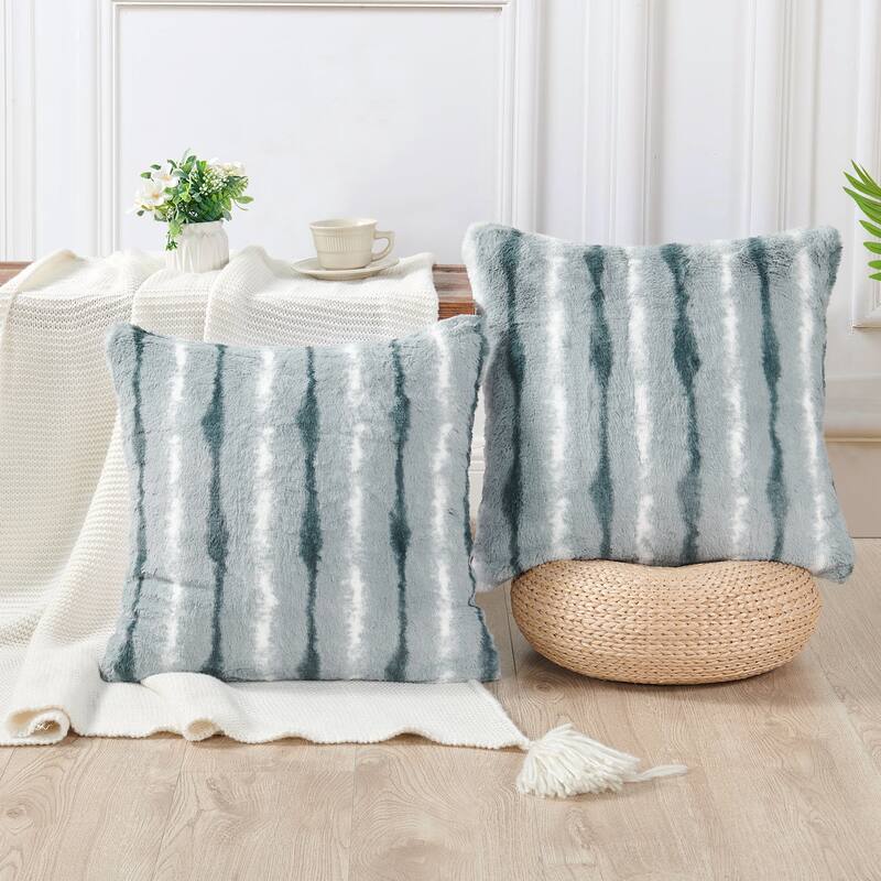 Amanda Stripe fauxfur Throw Pillow Covers Set of 2, NO INSERT - Pearl Blue