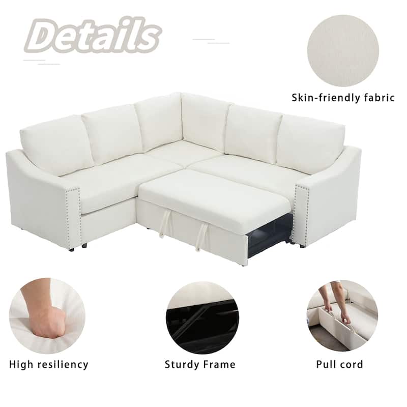 L Shaped Chenille Fabric Pull-out Sofa Bed, Corner Sofa with Pillows