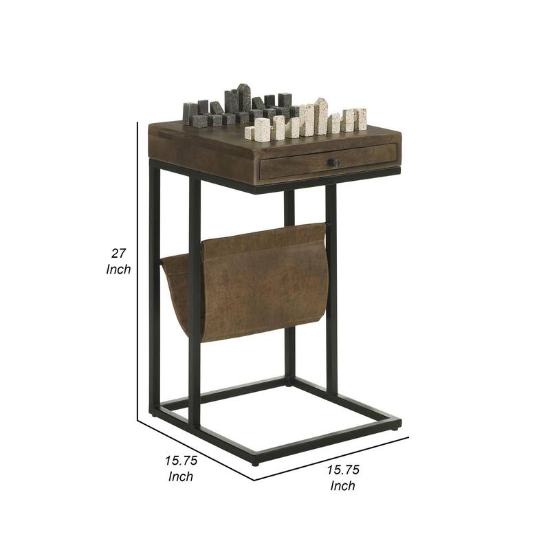 27 Inch Chess Side Table, Drawer, Magazine Holder, Tobbaco Brown Mango Wood