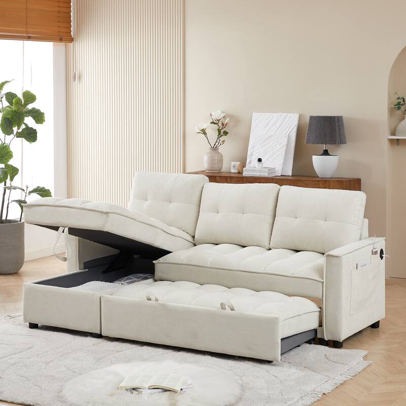 78.75" Reclining Sofa Bed, L-Shaped Sectional with Storage, USB & Tape-C Ports, Organizer Pocket, Beige Chenille