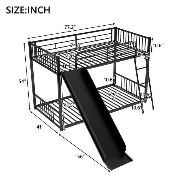 dimension image slide 1 of 2, Twin Over Twin Bunk Beds w/Built-in Ladder, Metal Frame Twin Over Twin Bedframe with Slide & Guardrail, No Box Spring Needed