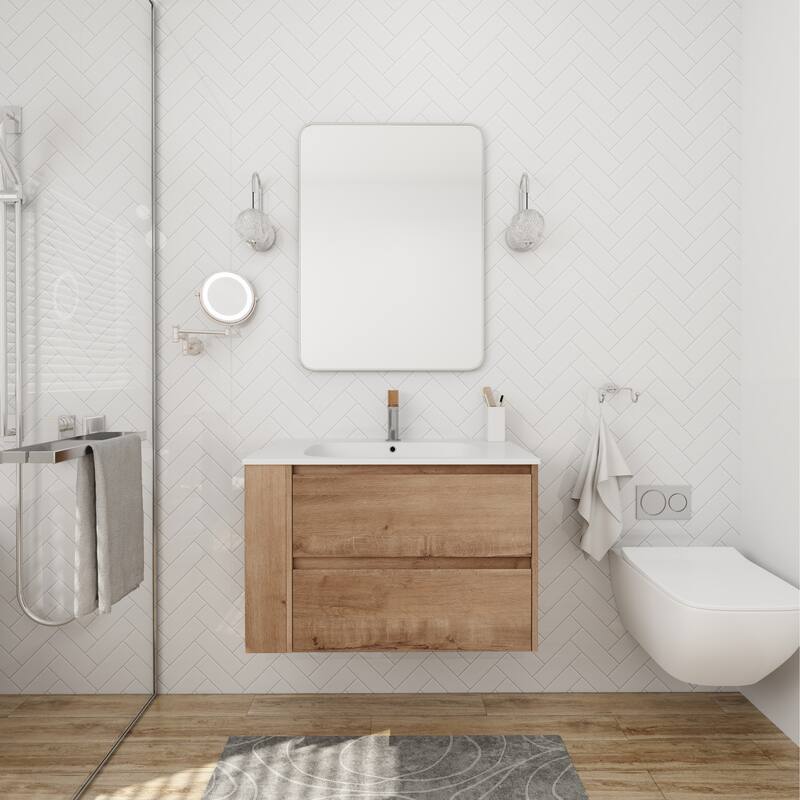30" Wall-Mounted Bathroom Vanity with Gel Basin, Soft-Close 2/3 Extended Drawers, Adjustable Side Rack