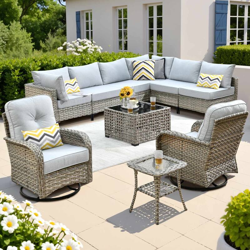 OVIOS 10 Pieces Outdoor Wicker Swivel Chair Set With Solar-Powered Coffee Table