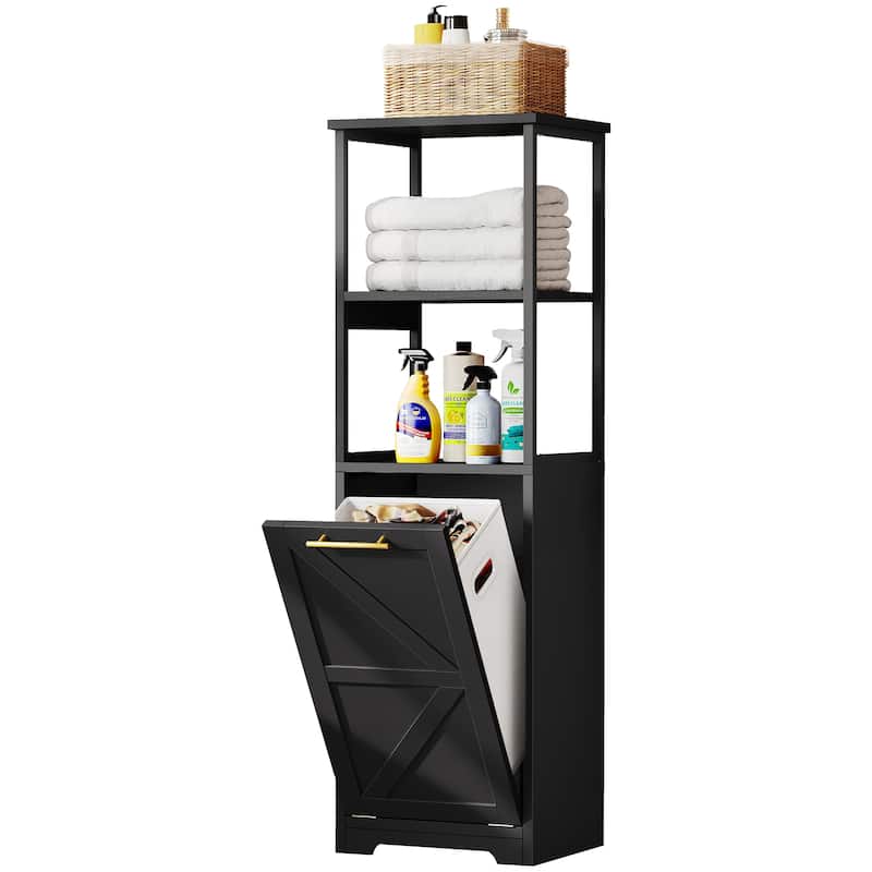 Moasis 53"H 3-Tier Tilt Out Laundry Hamper Bathroom Storage Shelf Cabinet with Basket - Black