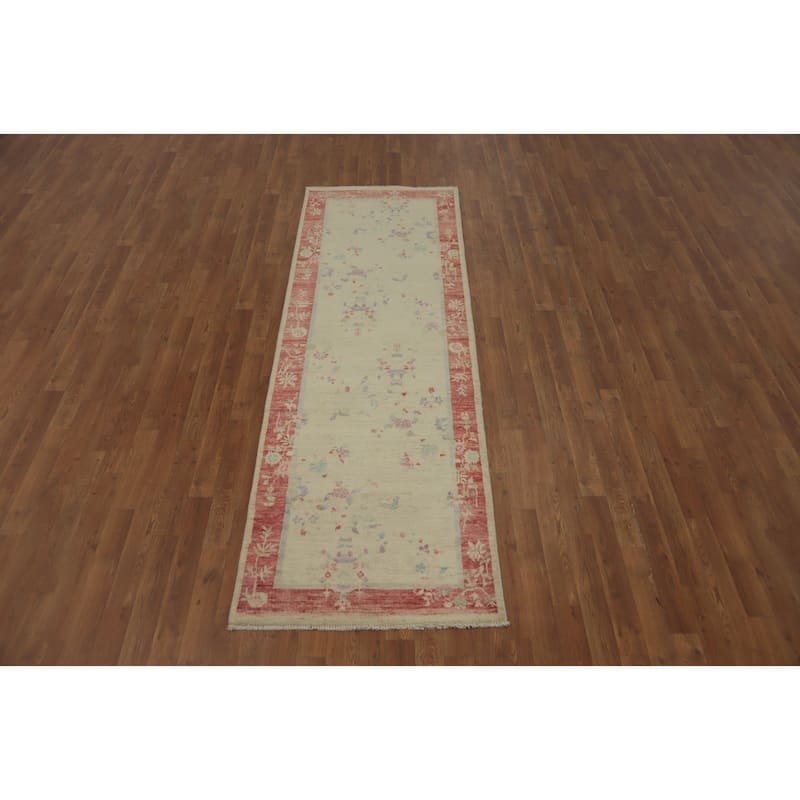 Hand Knotted Oriental 100% Wool Carpet Traditional Floral Beige & Ivories Ziegler Runner Rug - 8' 3'' X 2' 8''