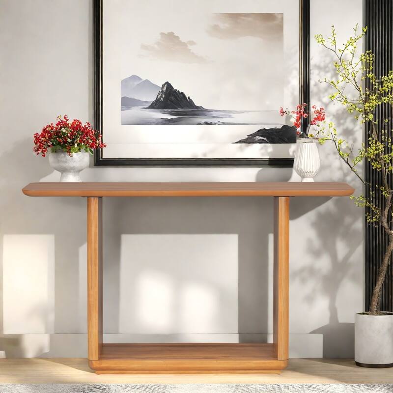 59.8" MDF Console Table with U-Shaped Base and Acacia Veneer for Living Room - Natural