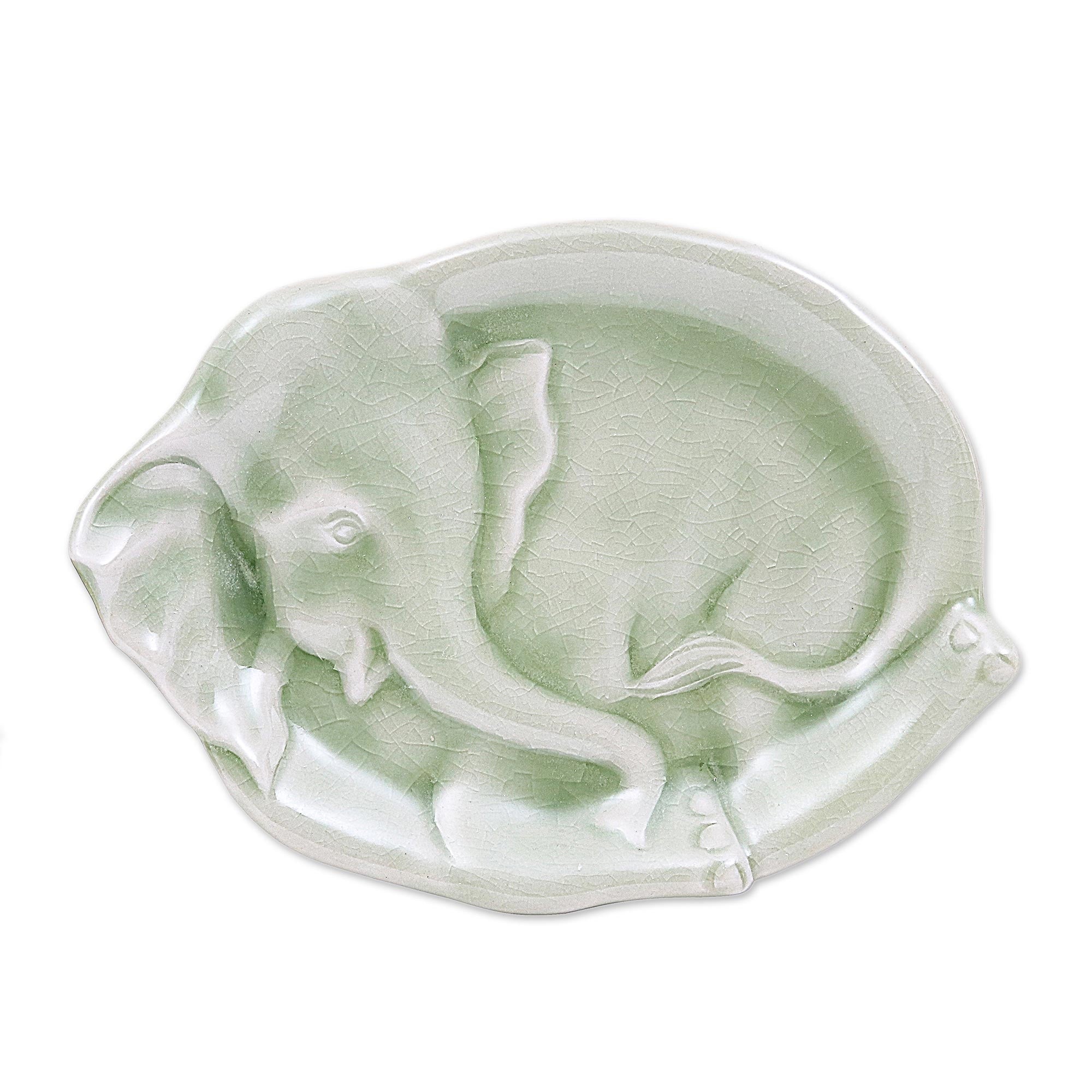 Novica Handmade Elephant At Rest In Green Celadon Ceramic Plate